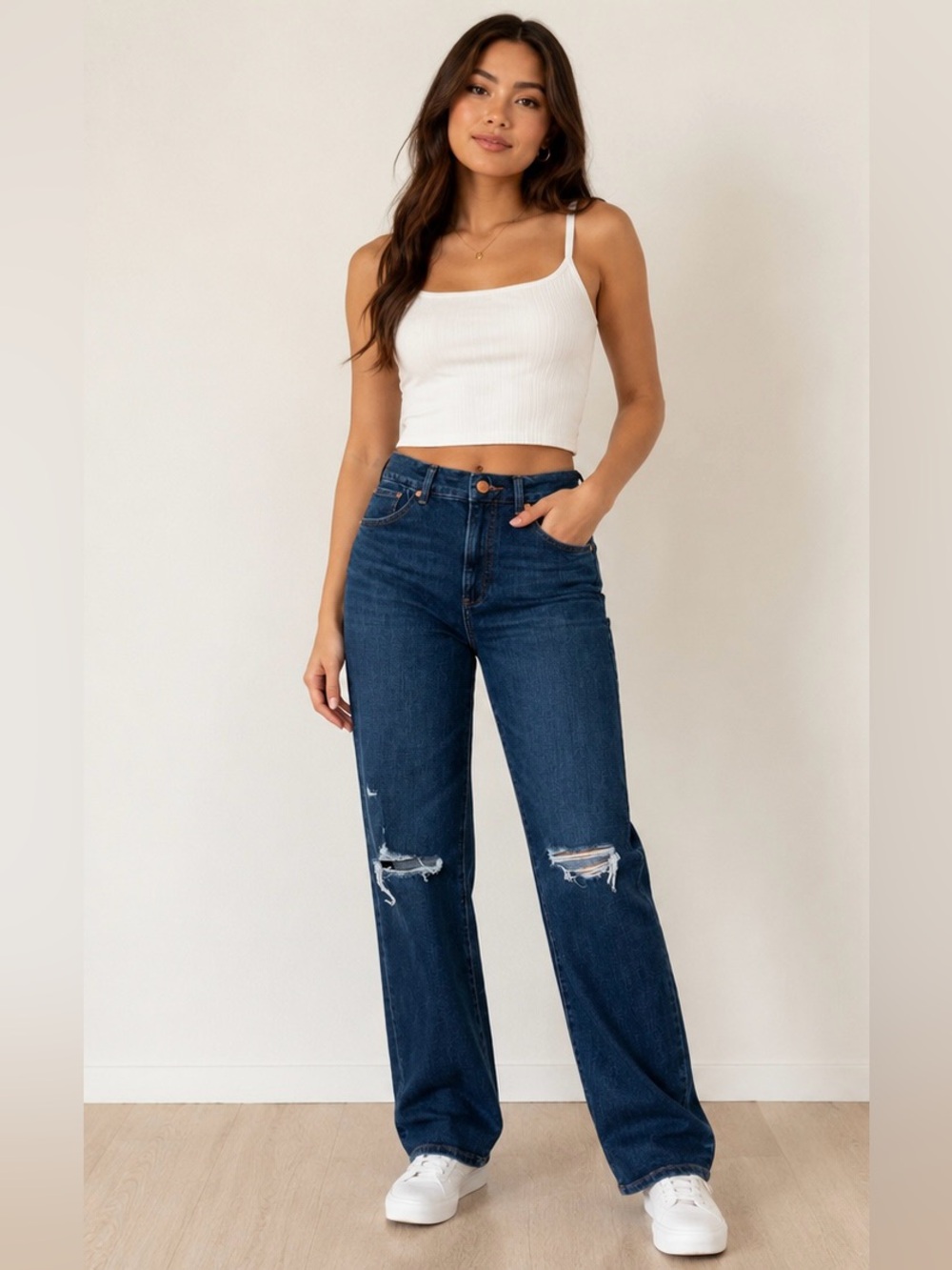 Express Dark Blue Distressed Straight-Leg Jeans